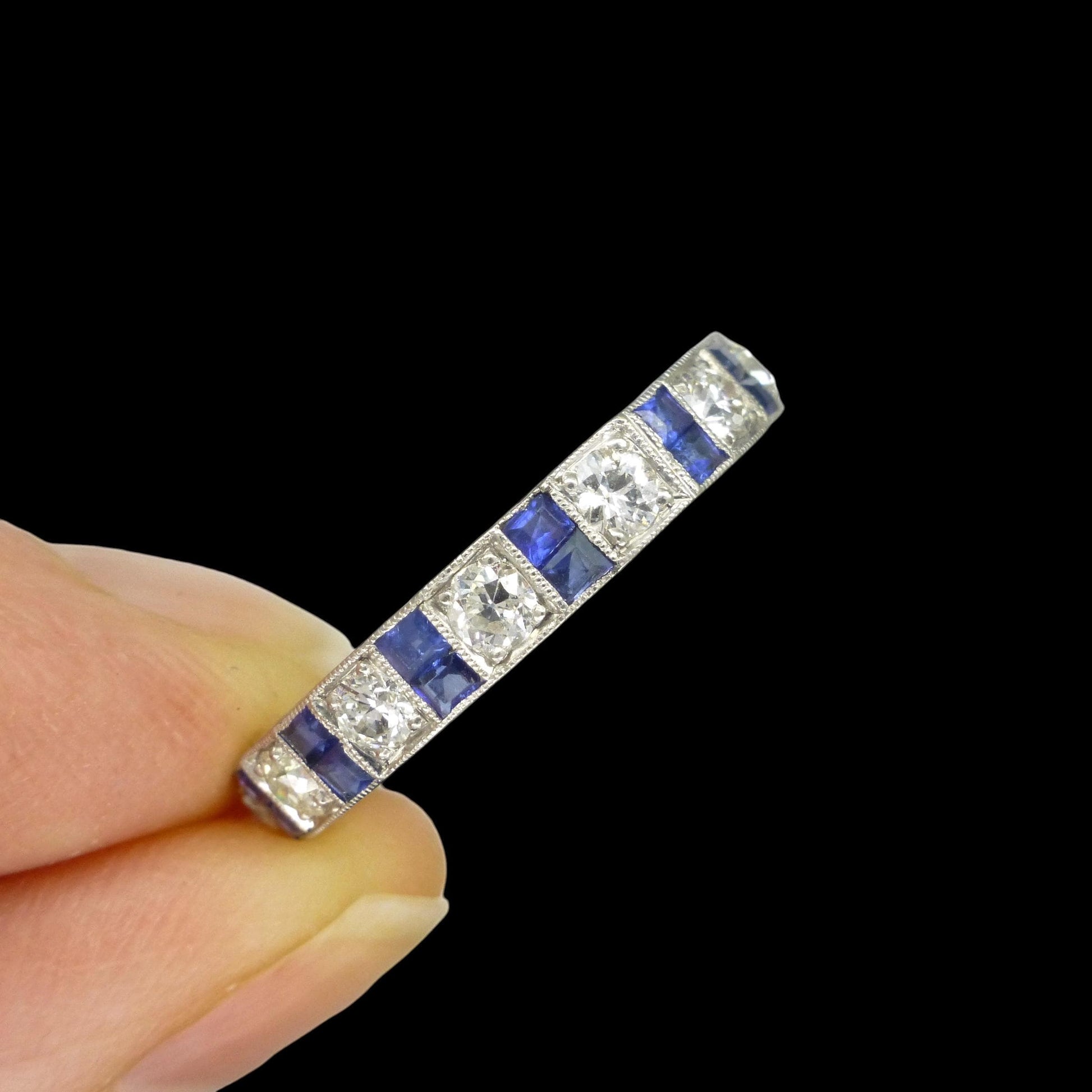 Antique Platinum old cut Diamond 1.30 carat & sapphire engraved full eternity wedding band 1920s.