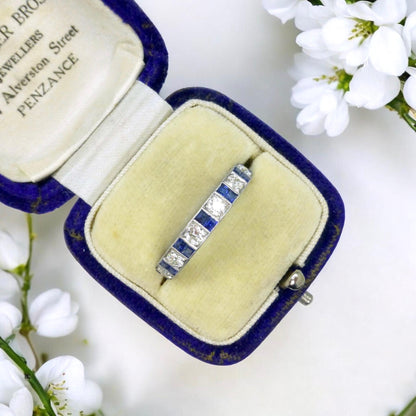 Antique Platinum old cut Diamond 1.30 carat & sapphire engraved full eternity wedding band 1920s.