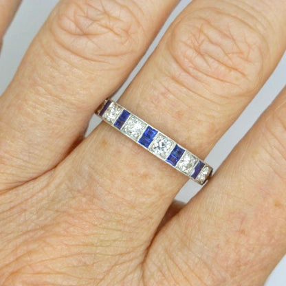 Antique Platinum old cut Diamond 1.30 carat & sapphire engraved full eternity wedding band 1920s.