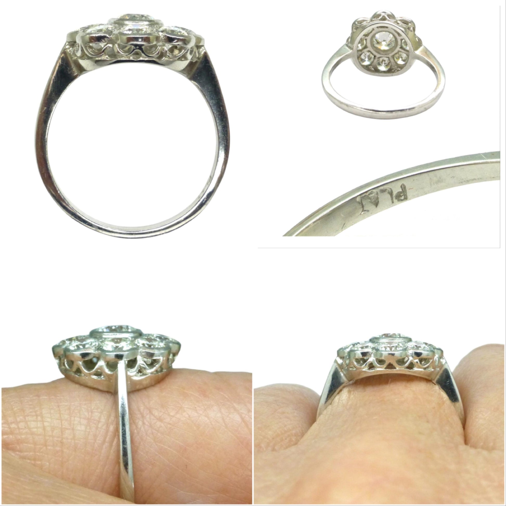 Vintage Platinum natural diamond cluster engagement ring 1.54 carat - Antique style Daisy ring