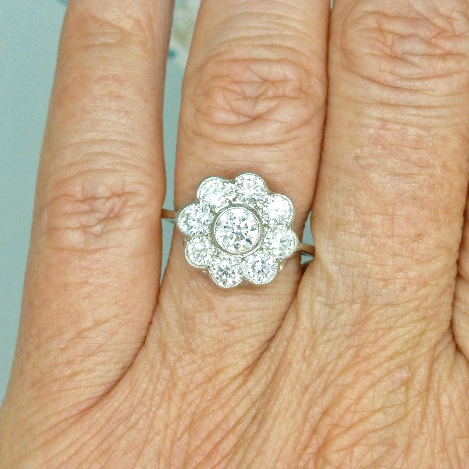 Vintage Platinum natural diamond cluster engagement ring 1.54 carat - Antique style Daisy ring