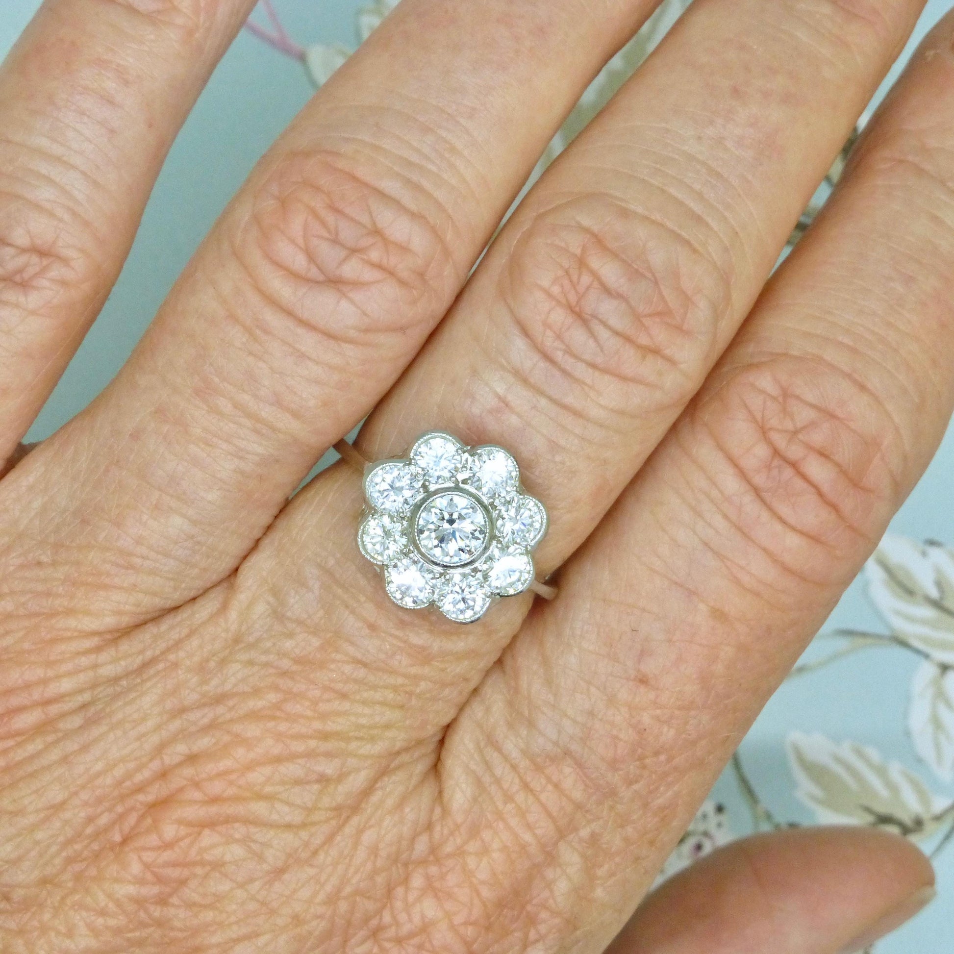 Vintage Platinum natural diamond cluster engagement ring 1.54 carat - Antique style Daisy ring