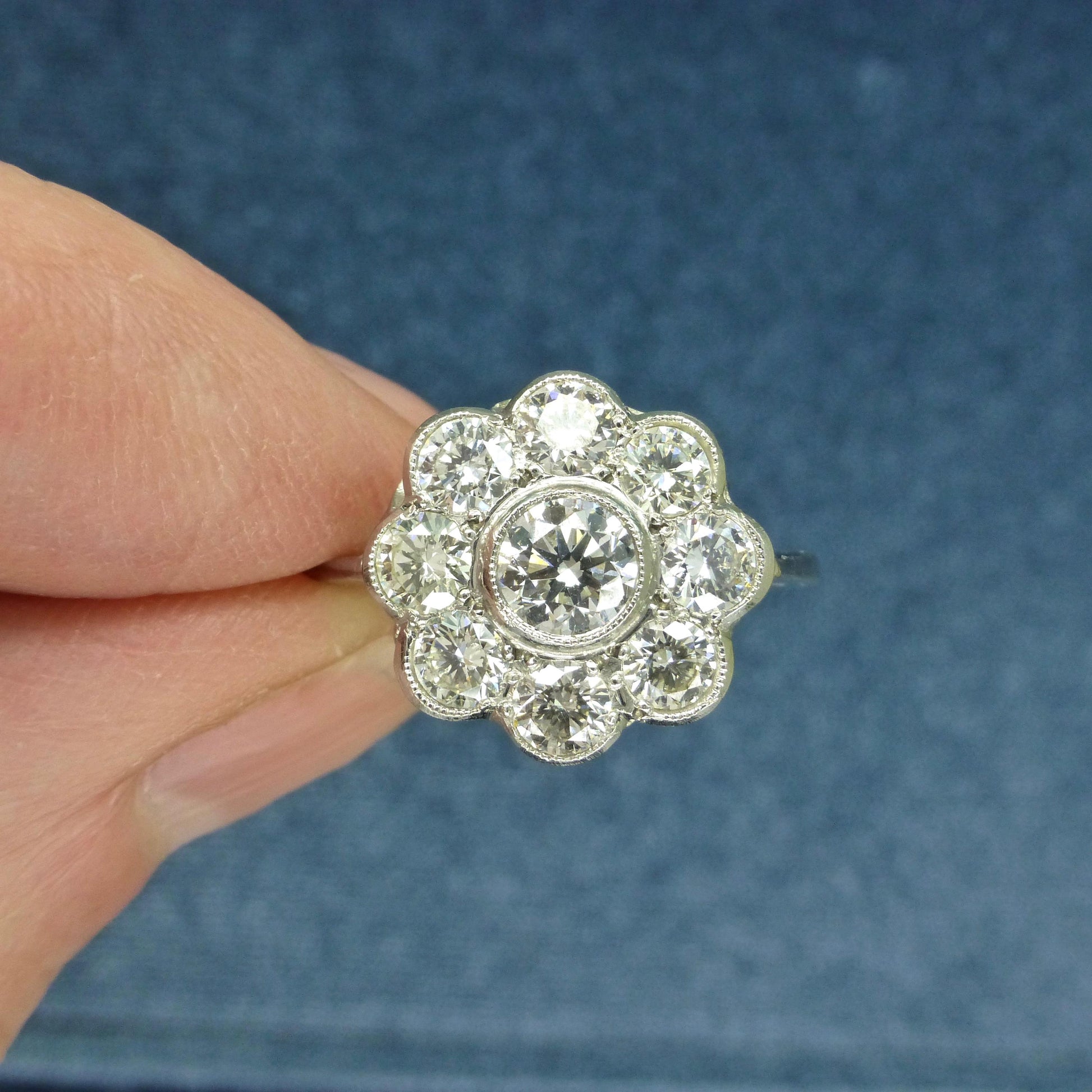 Vintage Platinum natural diamond cluster engagement ring 1.54 carat - Antique style Daisy ring