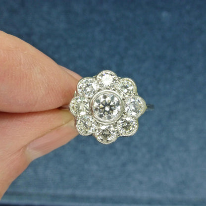 Vintage Platinum natural diamond cluster engagement ring 1.54 carat - Antique style Daisy ring