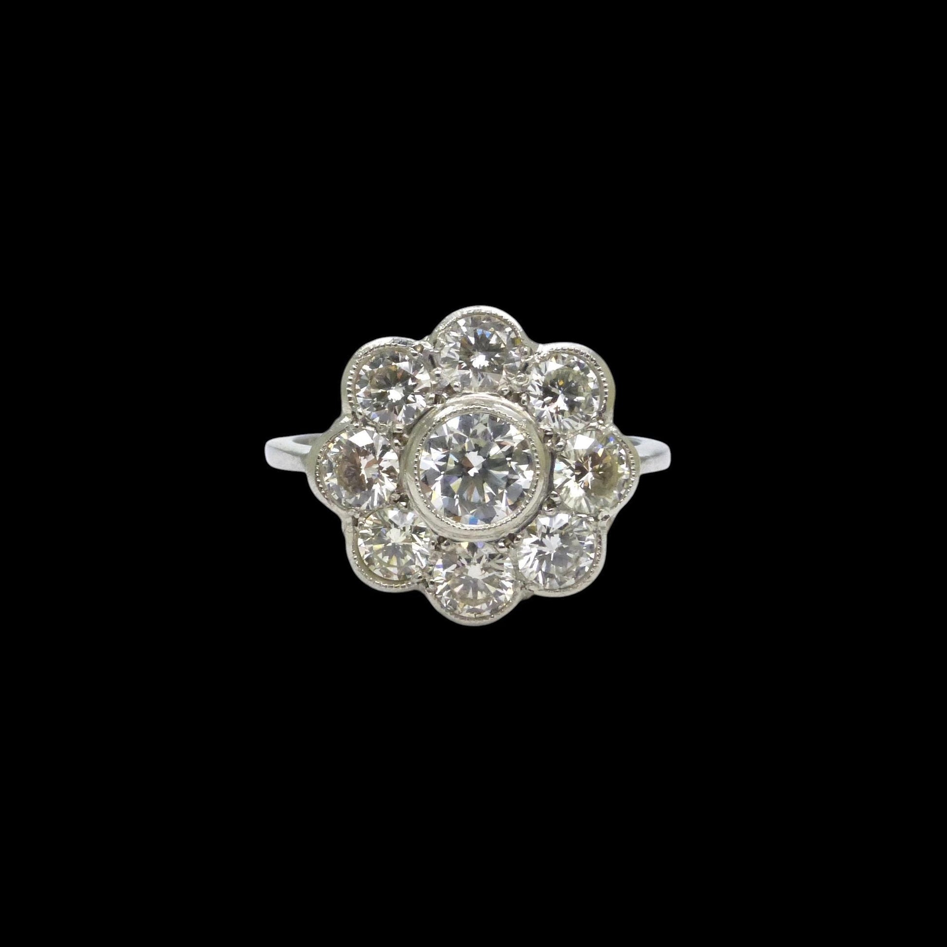 Vintage Platinum natural diamond cluster engagement ring 1.54 carat - Antique style Daisy ring