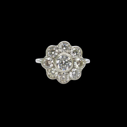 Vintage Platinum natural diamond cluster engagement ring 1.54 carat - Antique style Daisy ring