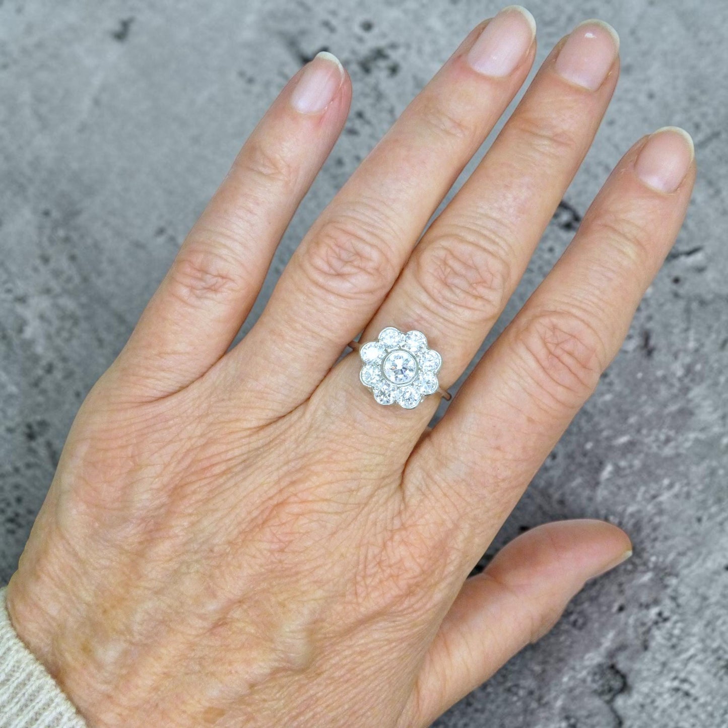 Vintage Platinum natural diamond cluster engagement ring 1.54 carat - Antique style Daisy ring