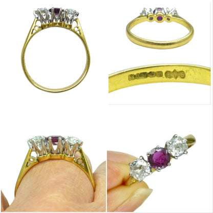 Vintage 18ct ruby & old mine cut diamond three stone trilogy ring ~ engagement ~ anniversary