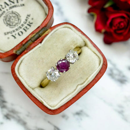 Vintage 18ct ruby & old mine cut diamond three stone trilogy ring ~ engagement ~ anniversary