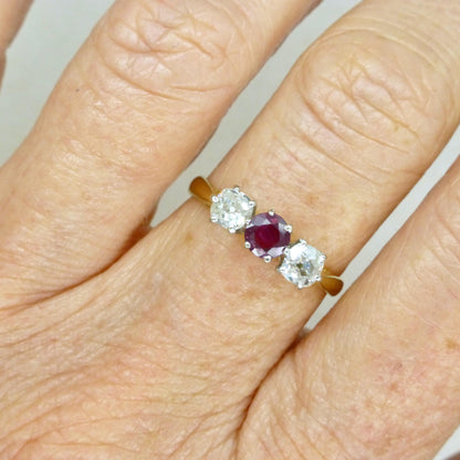 Vintage 18ct ruby & old mine cut diamond three stone trilogy ring ~ engagement ~ anniversary