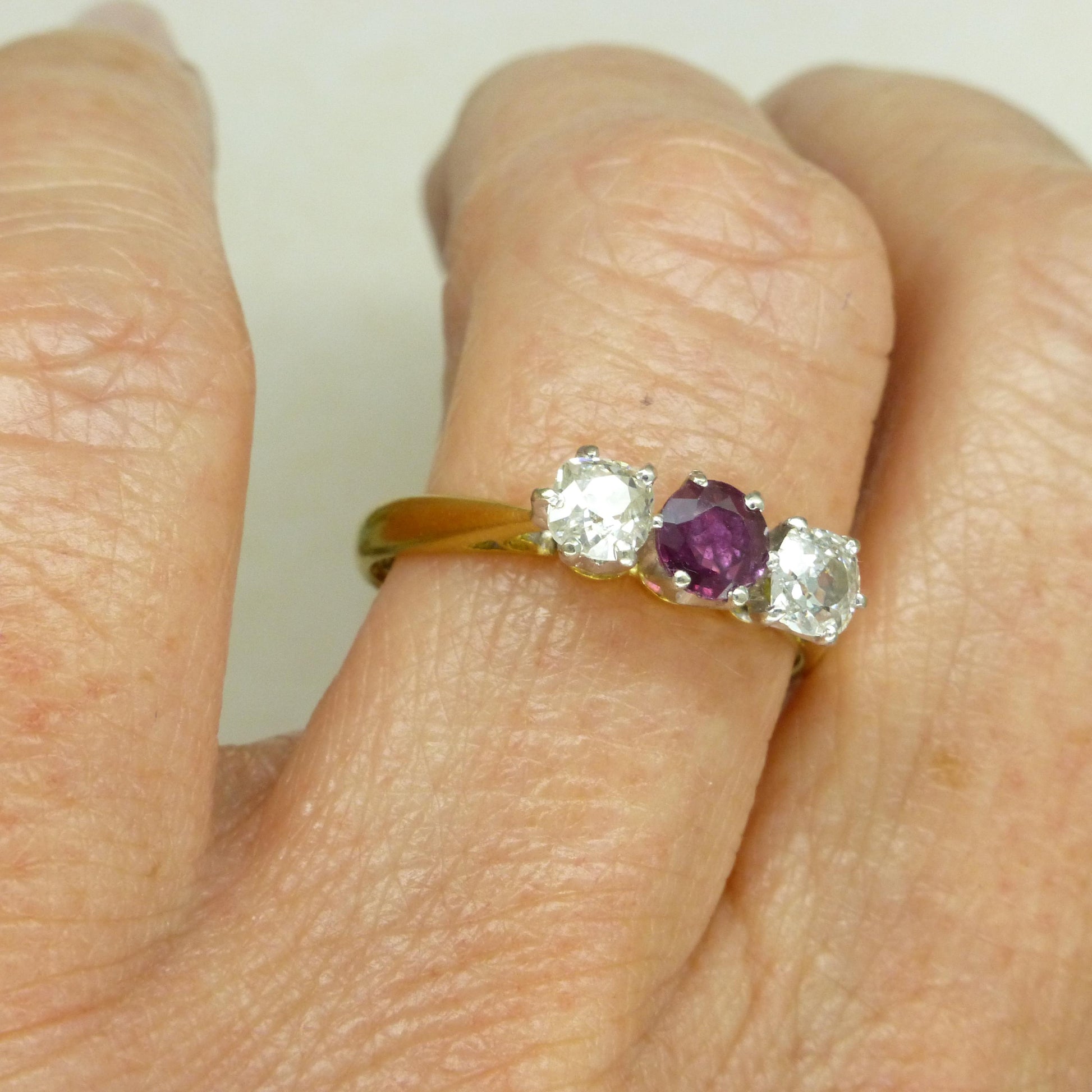 Vintage 18ct ruby & old mine cut diamond three stone trilogy ring ~ engagement ~ anniversary