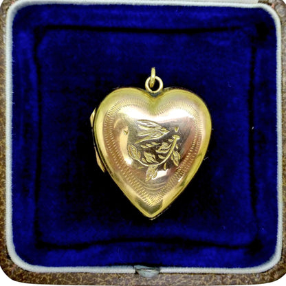 Antique 9ct Gold Heart Locket c1880-1900 – Aesthetic Engraved Bird motif