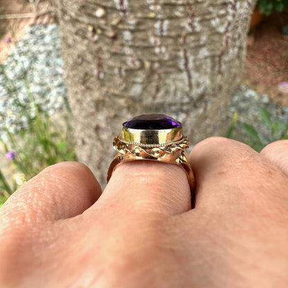 Vintage 9ct Gold Amethyst Statement Ring – Birmingham 1977 Retro Cocktail Jewelry