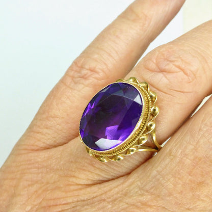 Vintage 9ct Gold Amethyst Statement Ring – Birmingham 1977 Retro Cocktail Jewelry