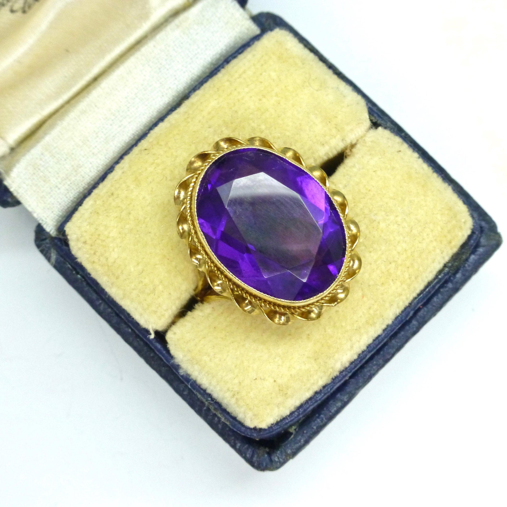 Vintage 9ct Gold Amethyst Statement Ring – Birmingham 1977 Retro Cocktail Jewelry