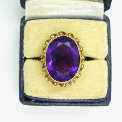 Vintage 9ct Gold Amethyst Statement Ring – Birmingham 1977 Retro Cocktail Jewelry