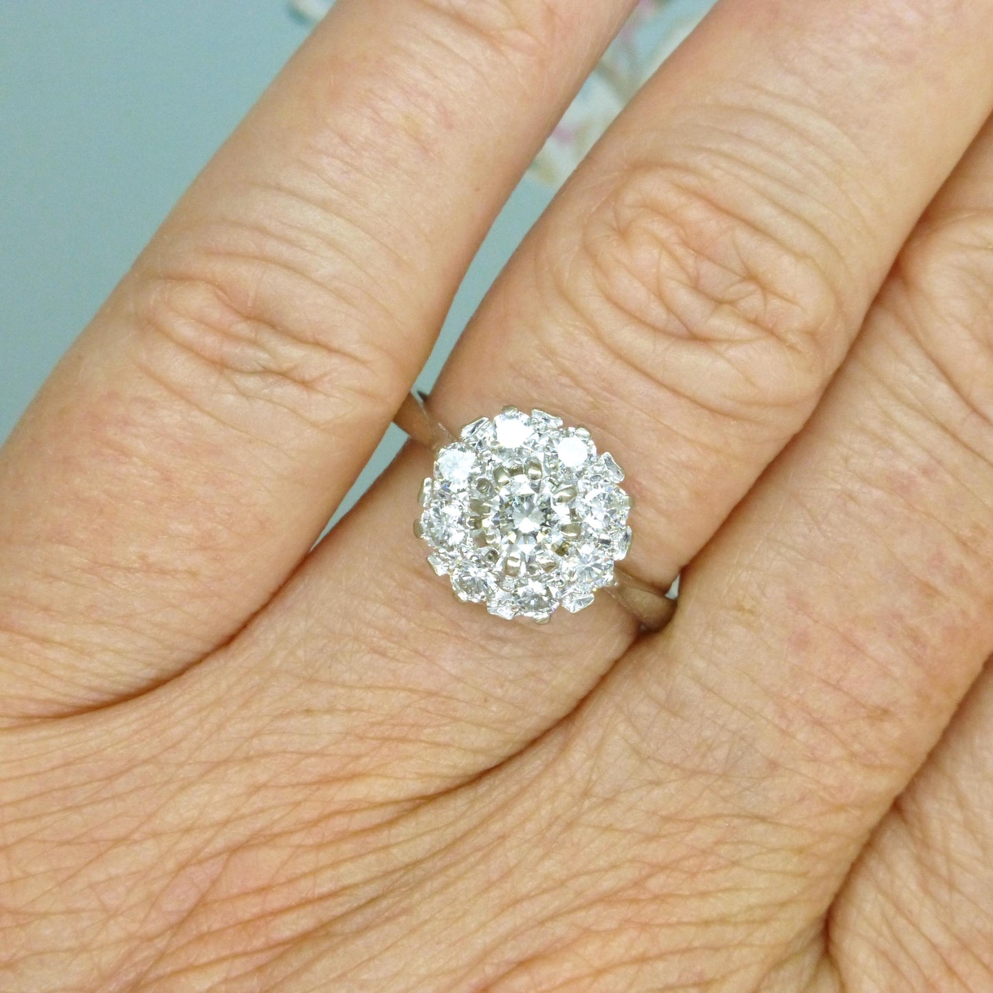Vintage 18ct white gold natural diamond cluster engagement ring 0.77ct