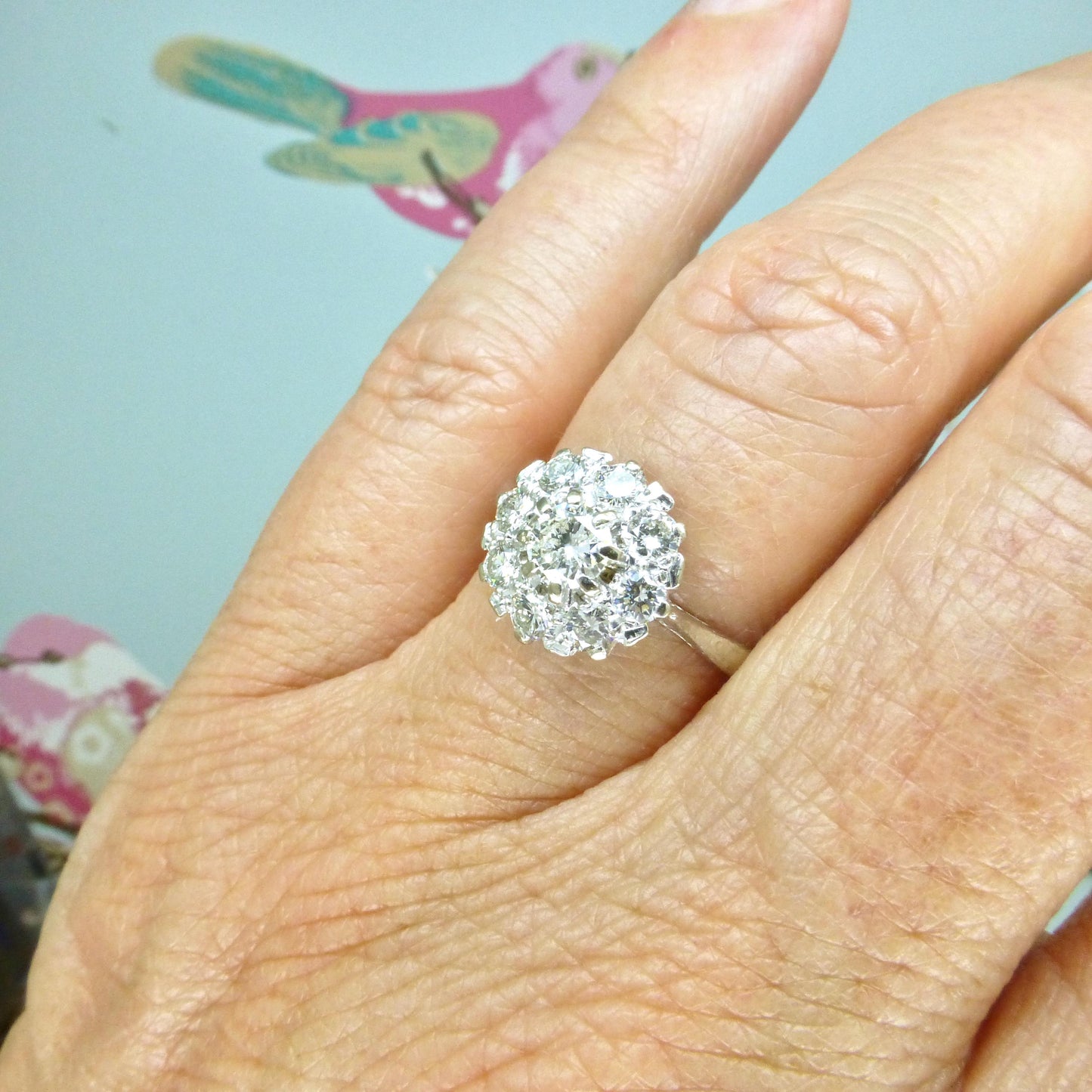 Vintage 18ct white gold natural diamond cluster engagement ring 0.77ct