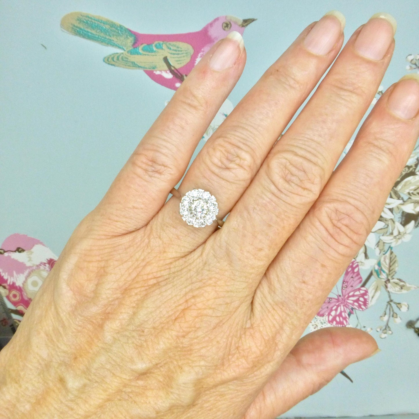 Vintage 18ct white gold natural diamond cluster engagement ring 0.77ct