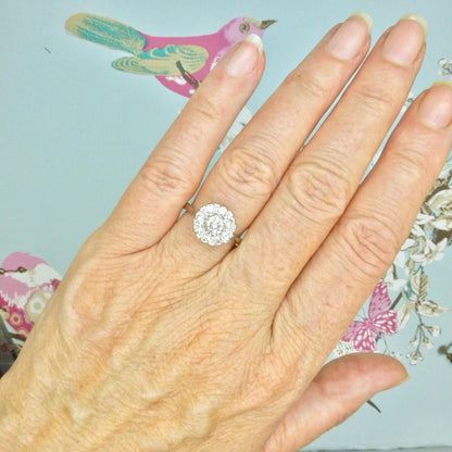 Vintage 18ct white gold natural diamond cluster engagement ring 0.77ct