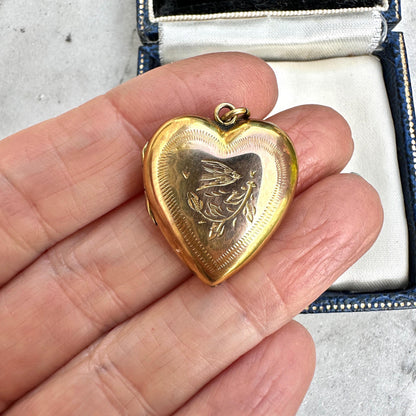 Antique 9ct Gold Heart Locket c1880-1900 – Aesthetic Engraved Bird motif