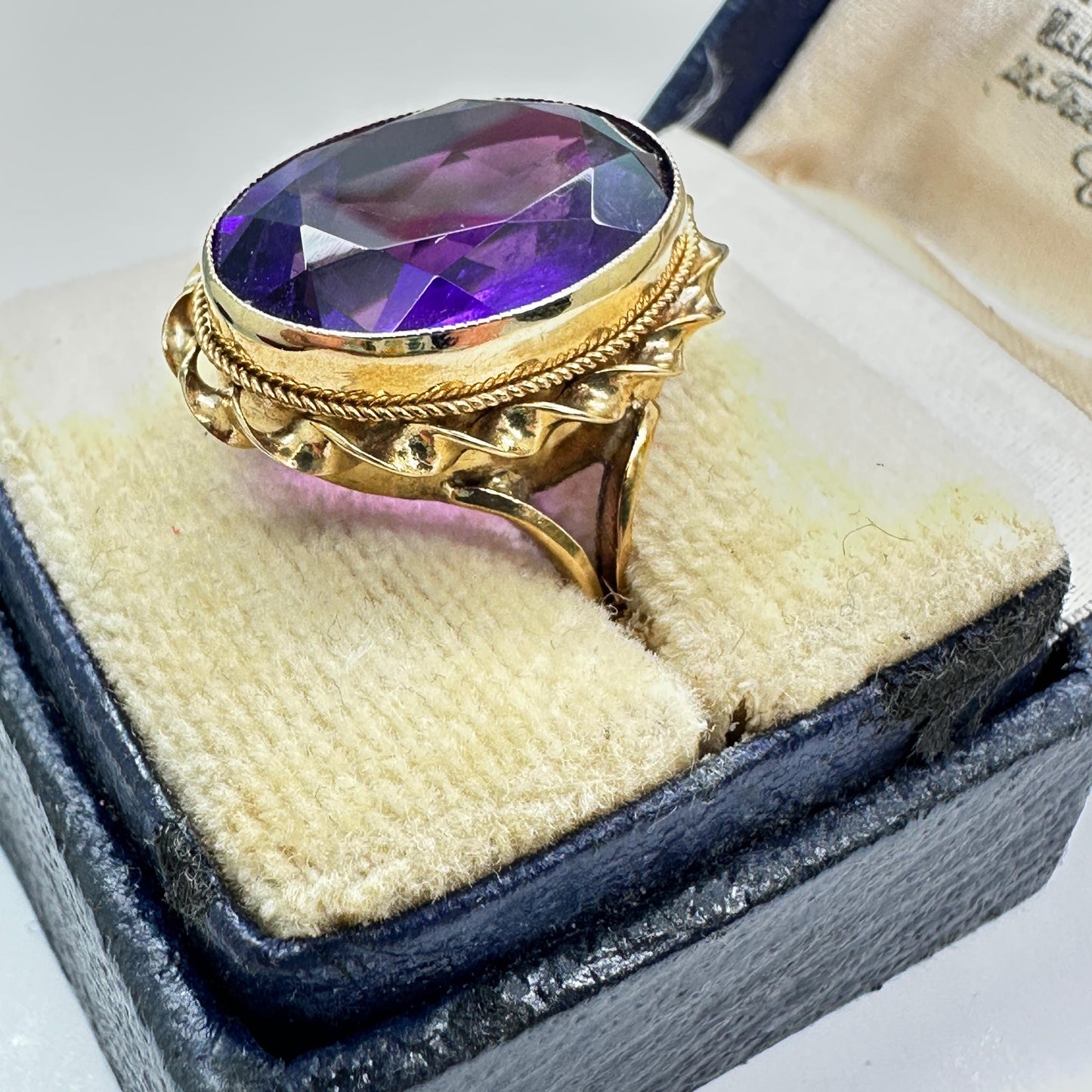 Vintage 9ct Gold Amethyst Statement Ring – Birmingham 1977 Retro Cocktail Jewelry