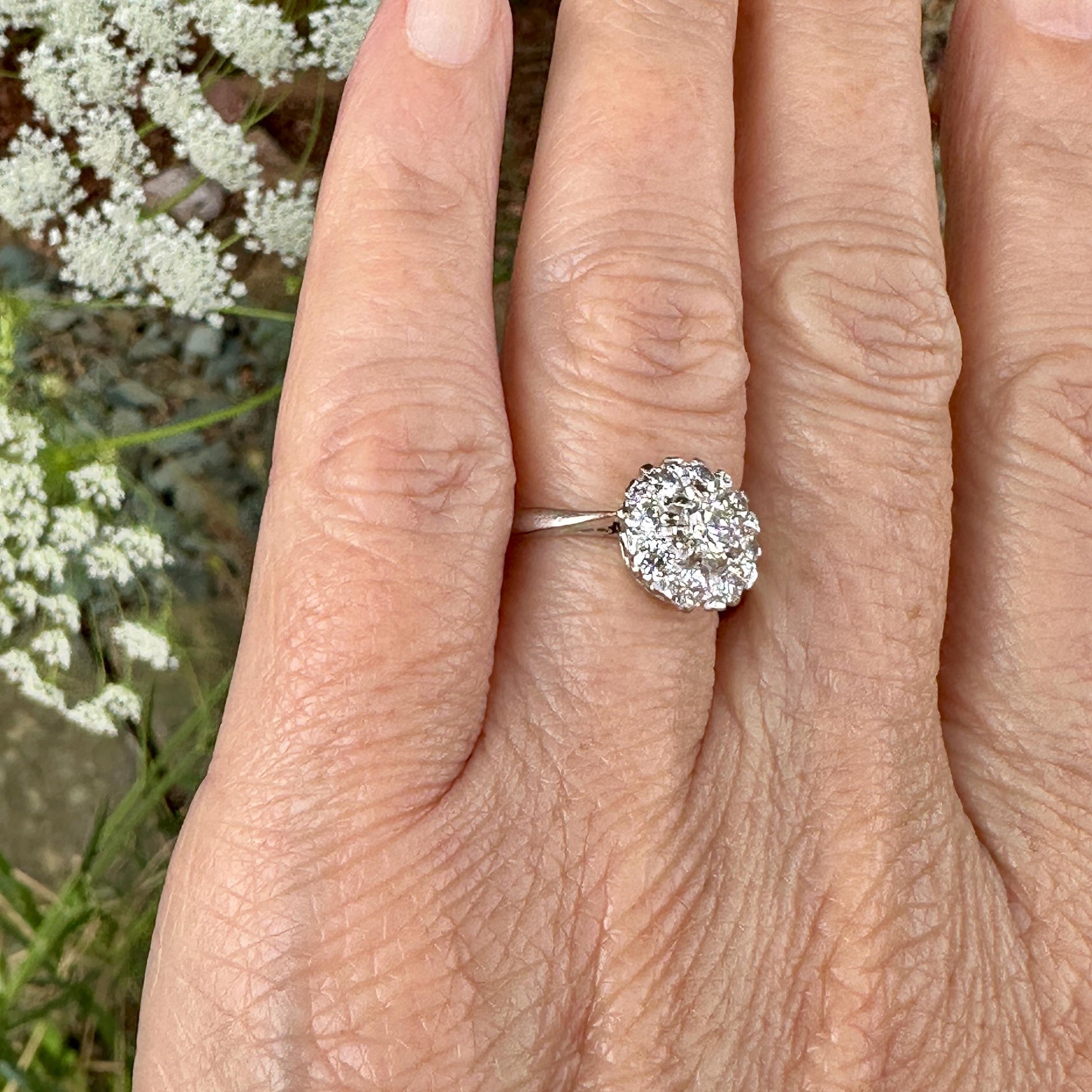 Vintage 18ct white gold natural diamond cluster engagement ring 0.77ct