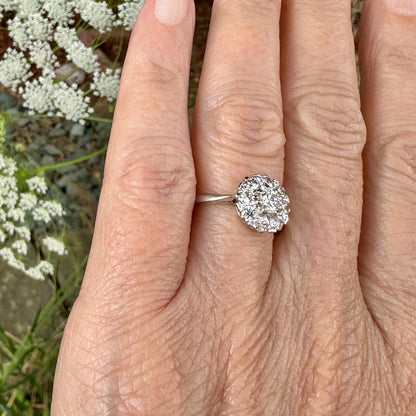 Vintage 18ct white gold natural diamond cluster engagement ring 0.77ct