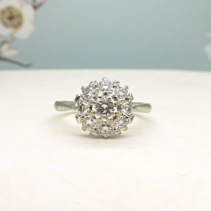Vintage 18ct white gold natural diamond cluster engagement ring 0.77ct
