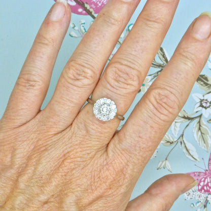 Vintage 18ct white gold natural diamond cluster engagement ring 0.77ct