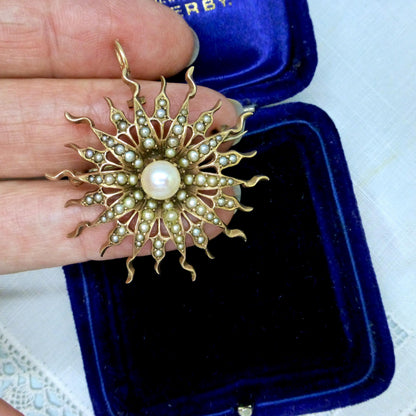 Antique gold Sunburst Pearl & seed pearl pendant/brooch c1890's - 1900's 7.9 grams
