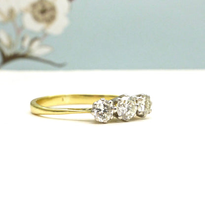 Vintage 18ct natural diamond three stone trilogy ring 0.50ct c1930's