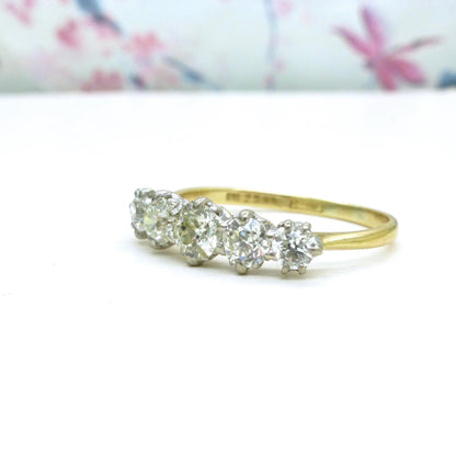 Antique Edwardian 18ct gold old European cut natural diamond five stone ring 1.05ct.
