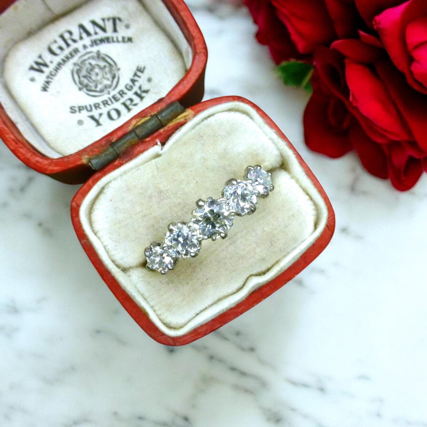 Antique Edwardian 18ct gold old European cut natural diamond five stone ring 1.05ct.