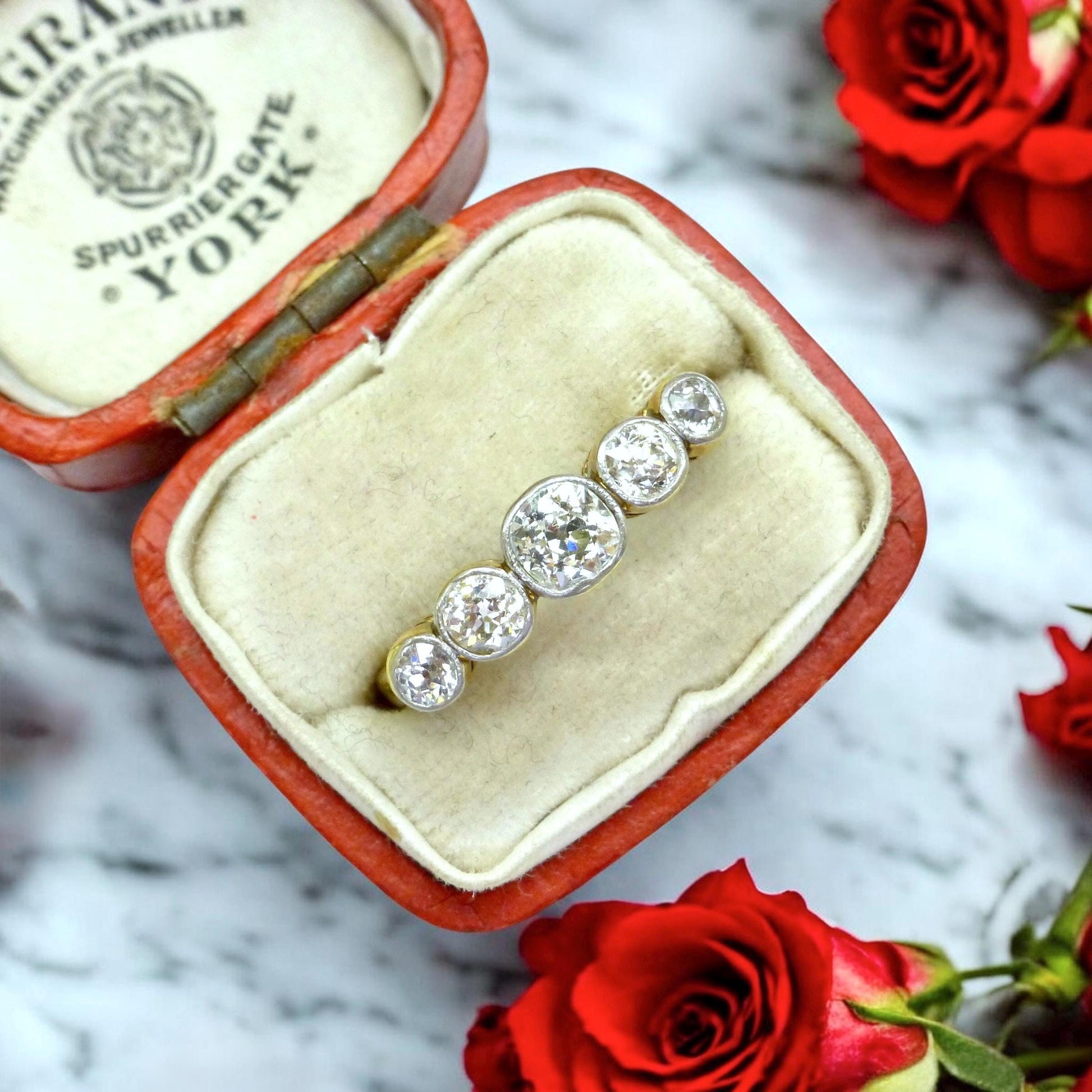 Antique Bezel set old cut natural diamond five stone ring 1.00ct - 18ct Platinum