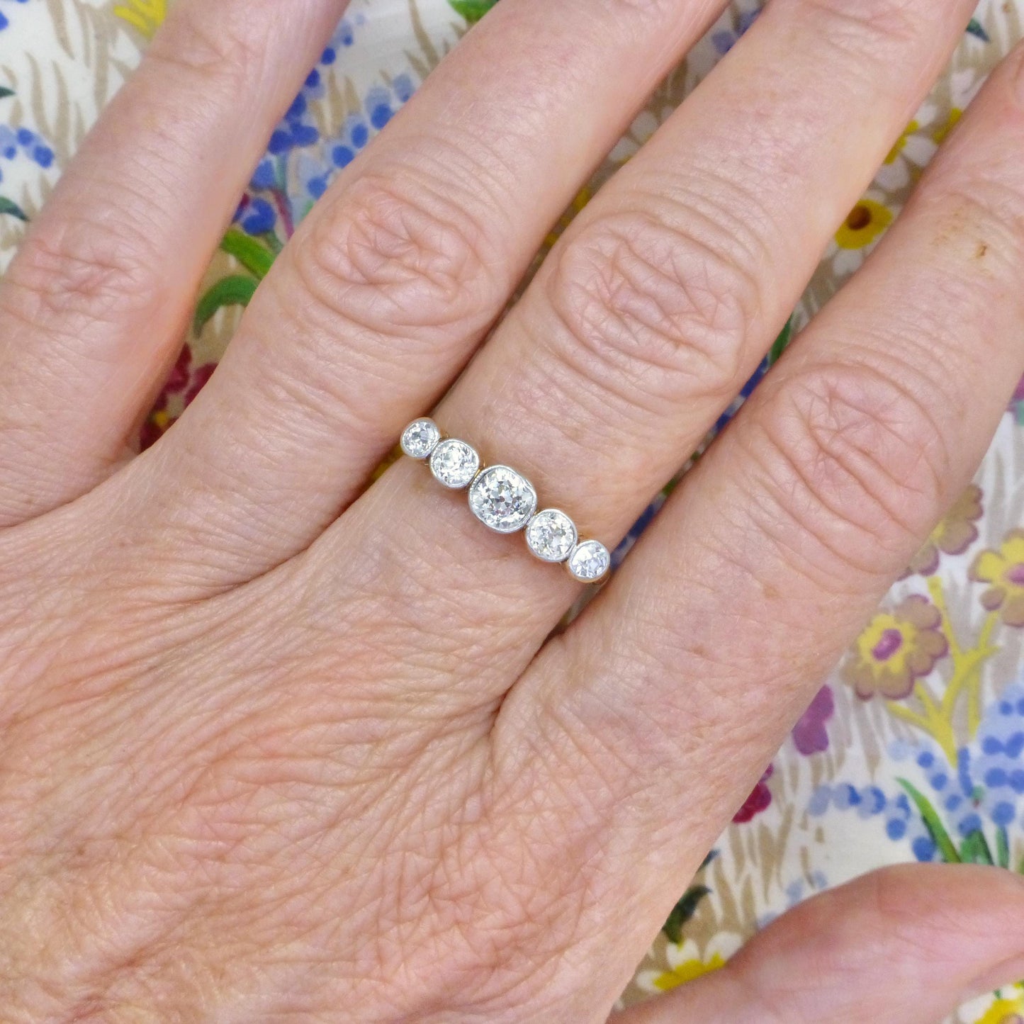 Antique Bezel set old cut natural diamond five stone ring 1.00ct - 18ct Platinum