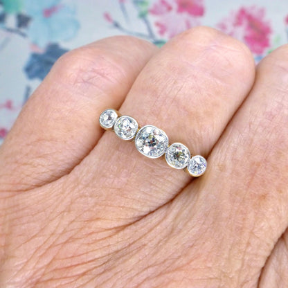 Antique Bezel set old cut natural diamond five stone ring 1.00ct - 18ct Platinum