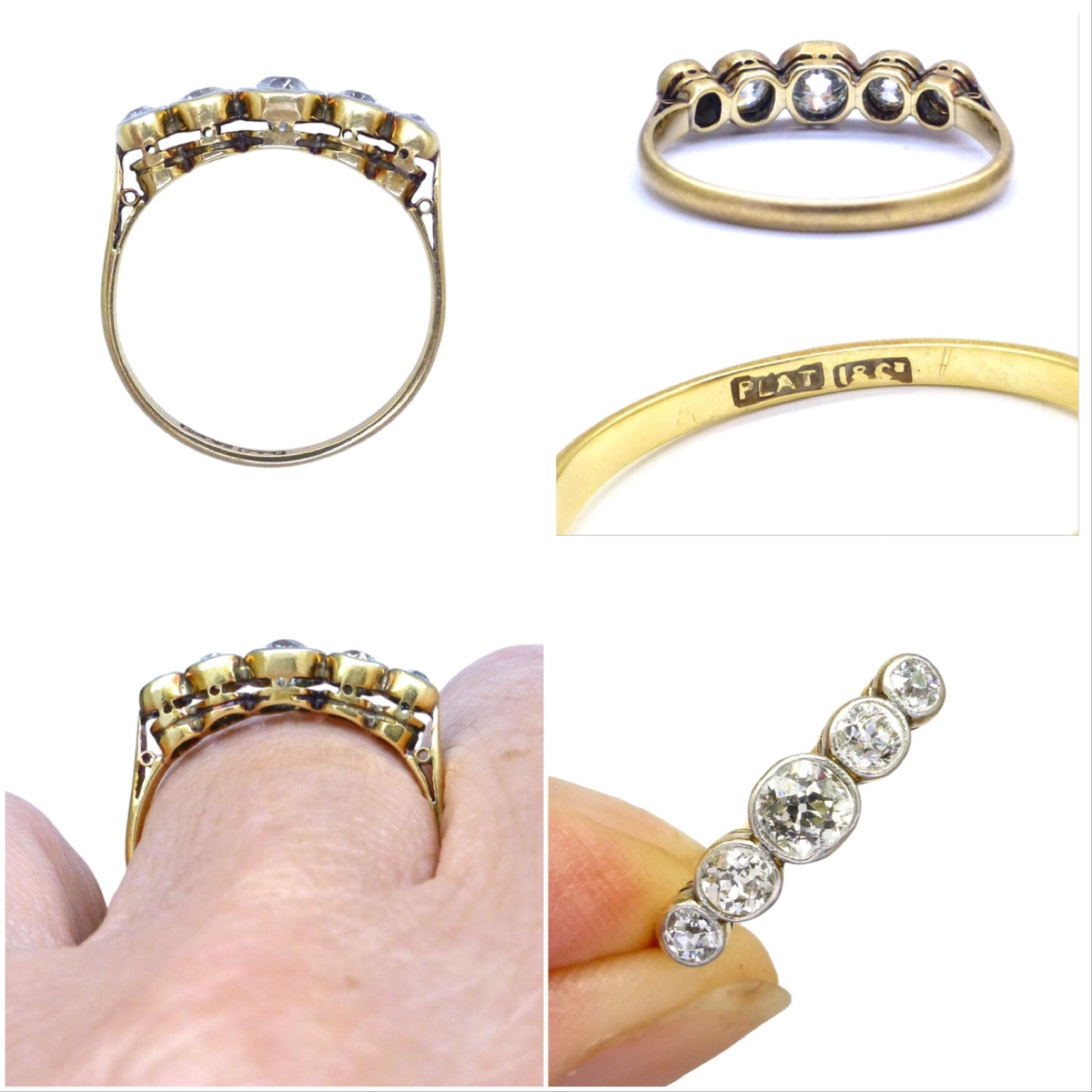 Antique Bezel set old cut natural diamond five stone ring 1.00ct - 18ct Platinum
