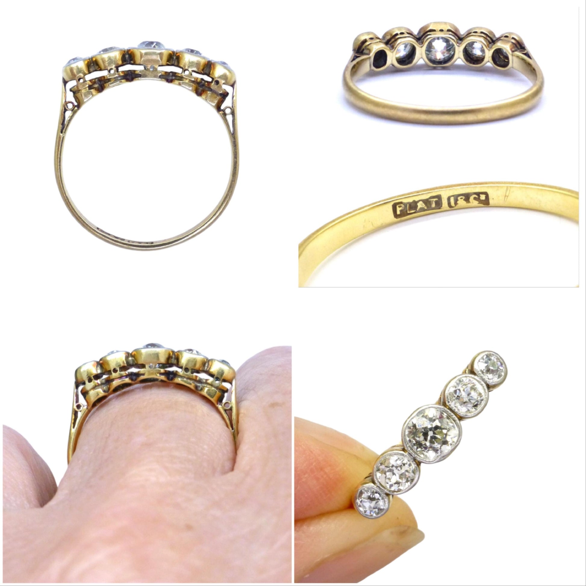 Antique Bezel set old cut natural diamond five stone ring 1.00ct - 18ct Platinum