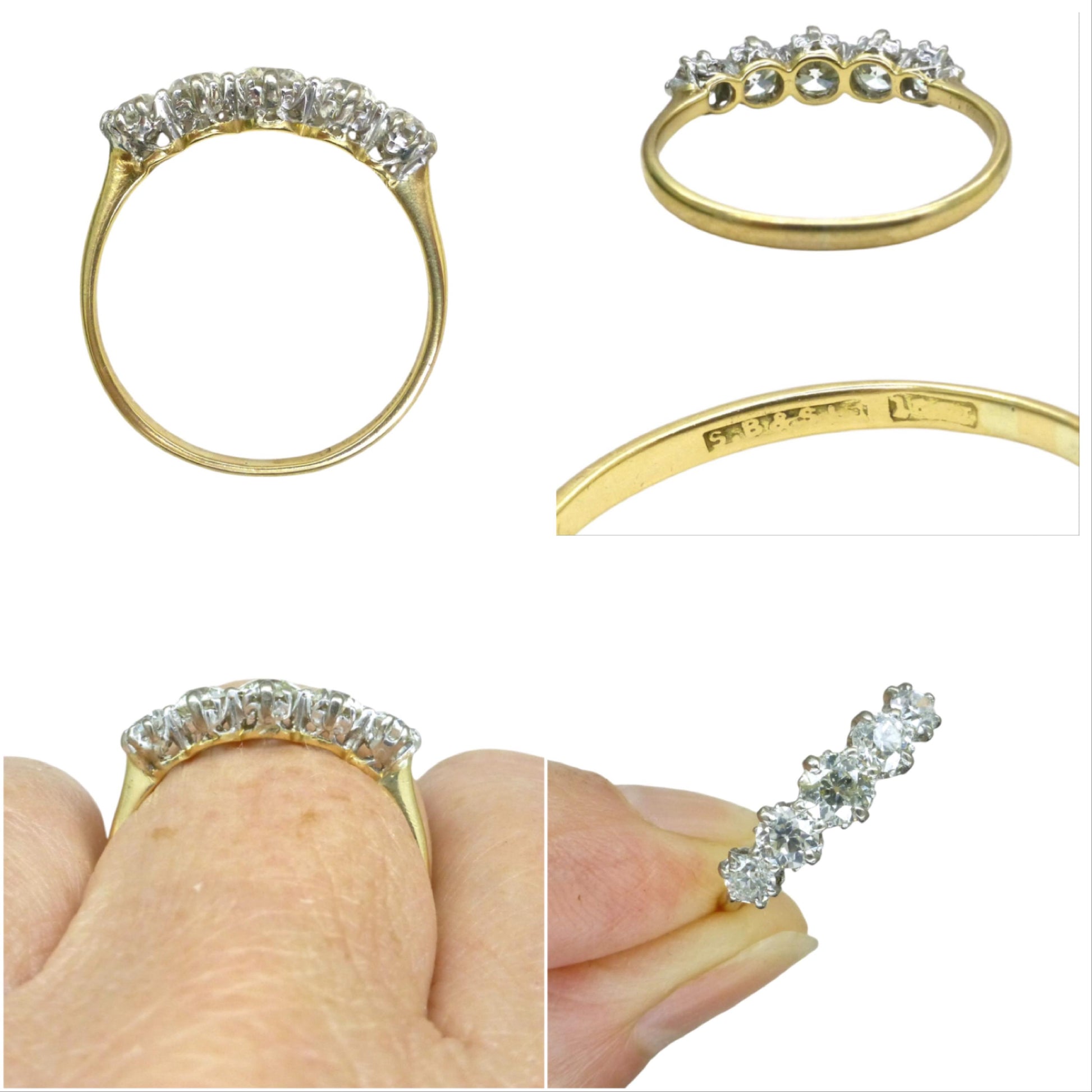 Antique Edwardian 18ct gold old European cut natural diamond five stone ring 1.05ct.