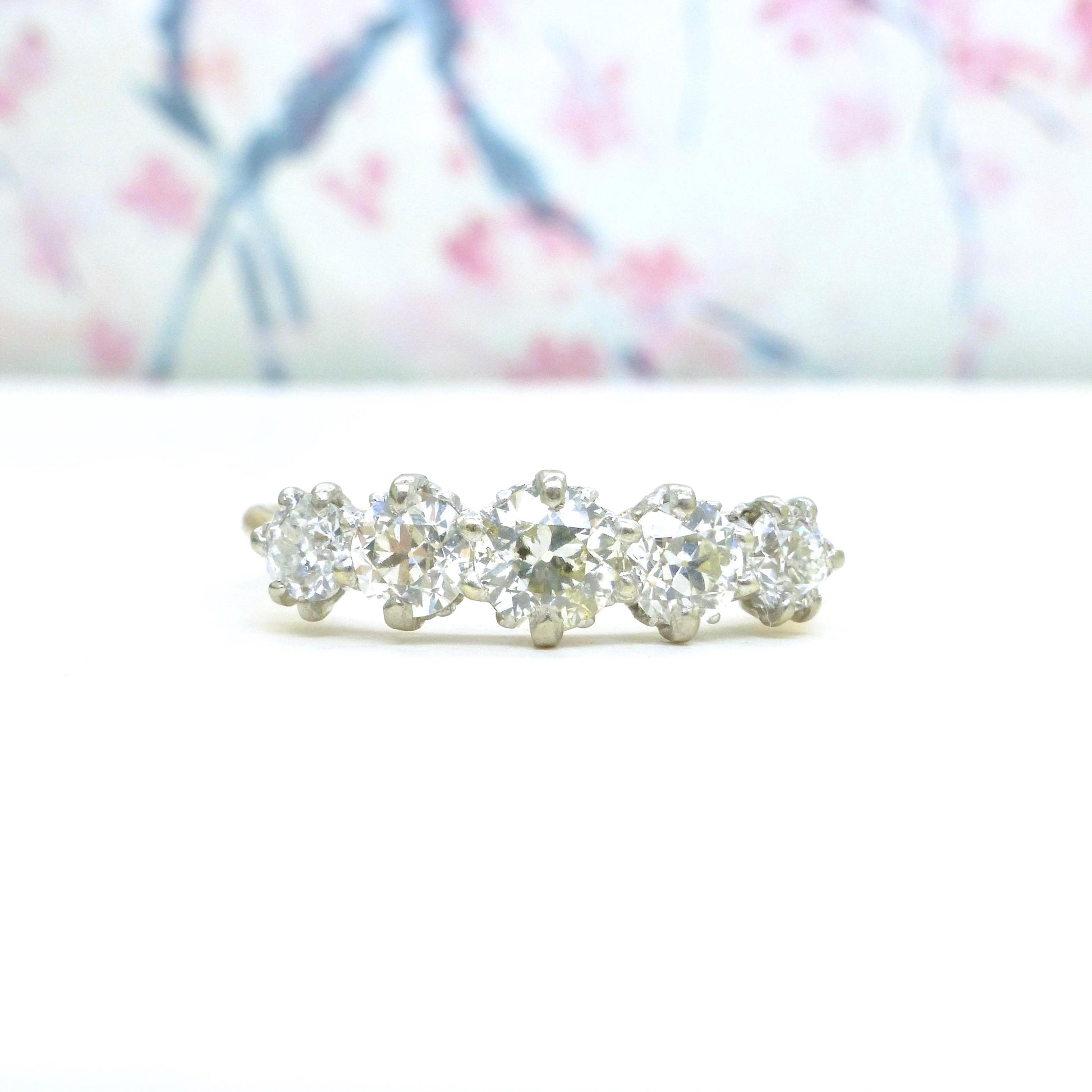 Antique Edwardian 18ct gold old European cut natural diamond five stone ring 1.05ct.