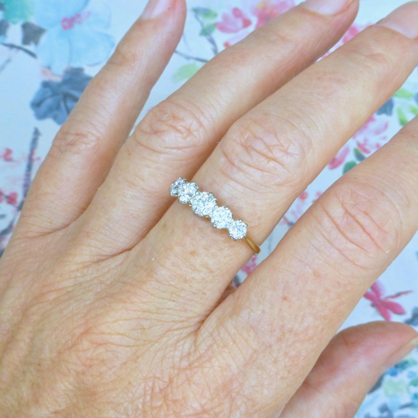 Antique Edwardian 18ct gold old European cut natural diamond five stone ring 1.05ct.