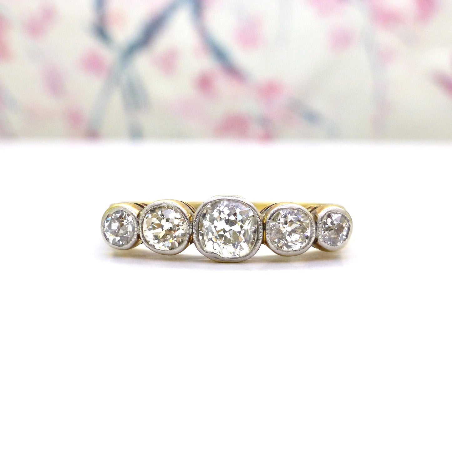 Antique Bezel set old cut natural diamond five stone ring 1.00ct - 18ct Platinum