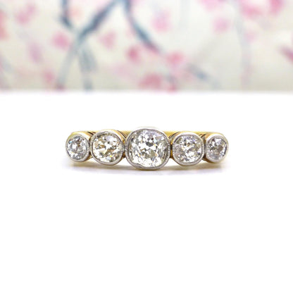 Antique Bezel set old cut natural diamond five stone ring 1.00ct - 18ct Platinum