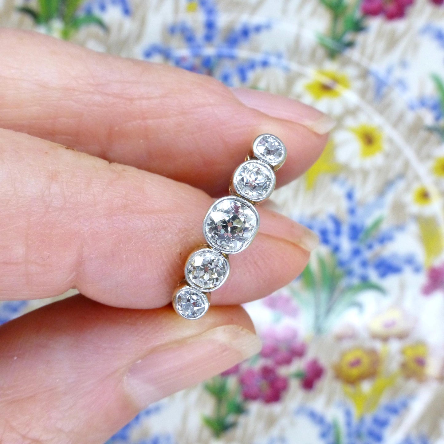 Antique Bezel set old cut natural diamond five stone ring 1.00ct - 18ct Platinum