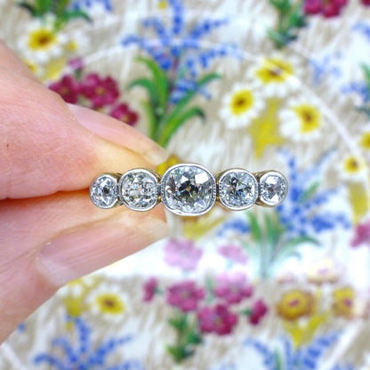 Antique Bezel set old cut natural diamond five stone ring 1.00ct - 18ct Platinum