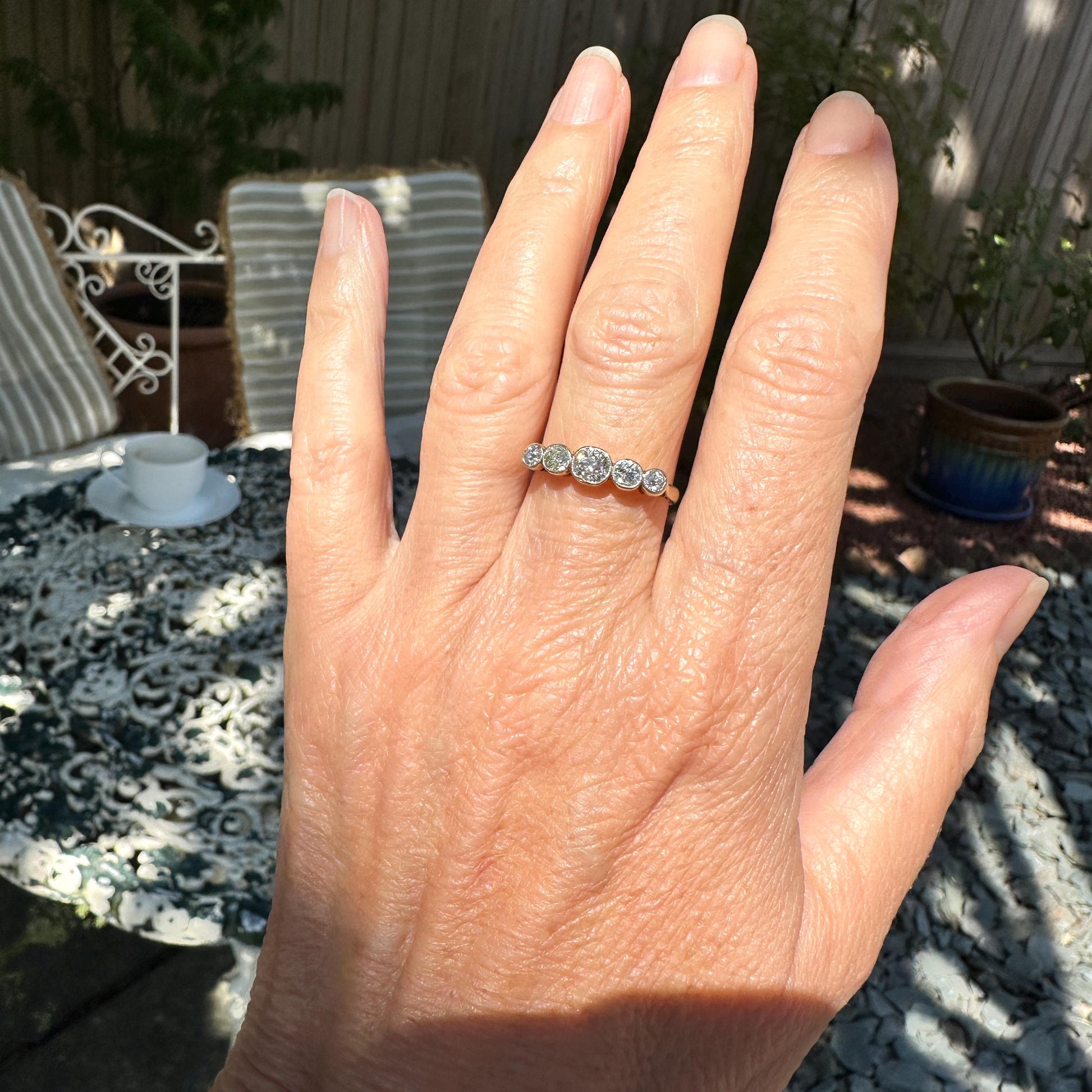 Antique Bezel set old cut natural diamond five stone ring 1.00ct - 18ct Platinum
