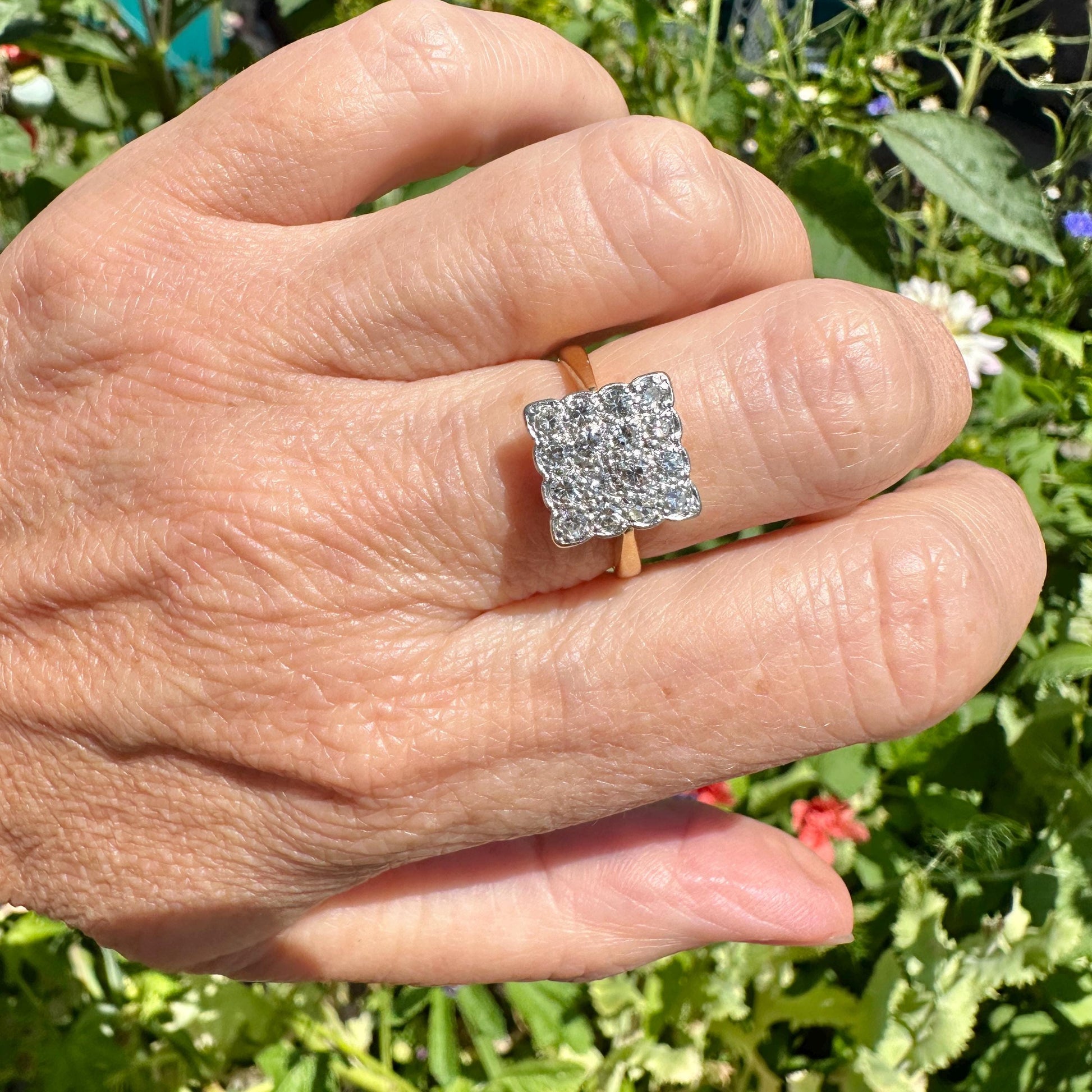 Antique Art Deco 18ct Platinum pavé diamond cluster panel ring