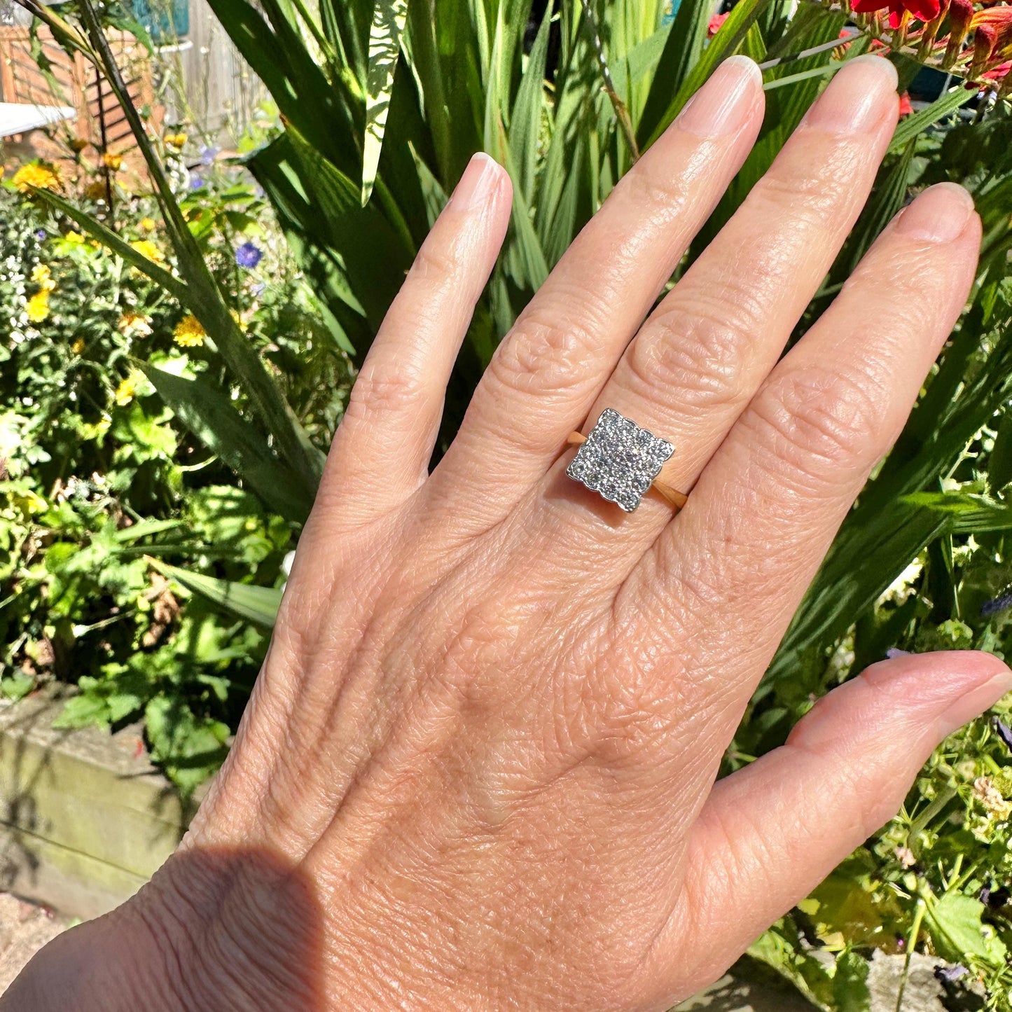 Antique Art Deco 18ct Platinum pavé diamond cluster panel ring