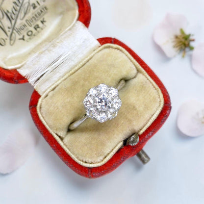 Antique 18ct Platinum old cut diamond halo cluster ring 0.65ct